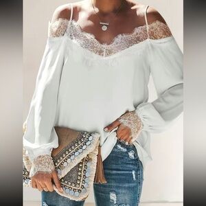 Luxe white lace cold shoulder blouse